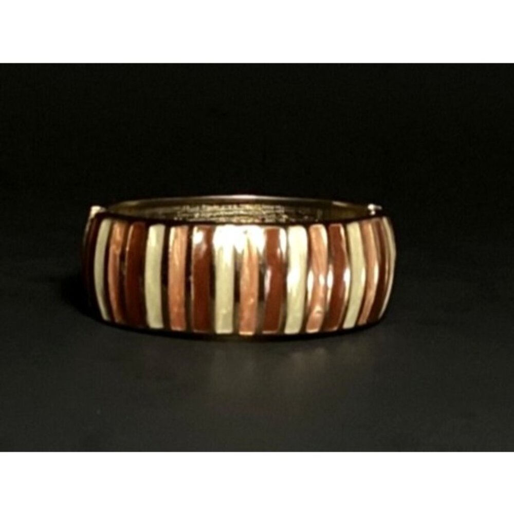 Vintage Copper Rose & Cream Striped Wide Hinged Clamper Bracelet Gold-Toned - Picture 2 of 8